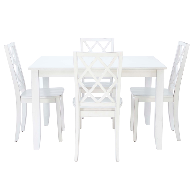 Linon Delia 5 Piece Wood Dining Set Lightly Burnished Edges in Antique White