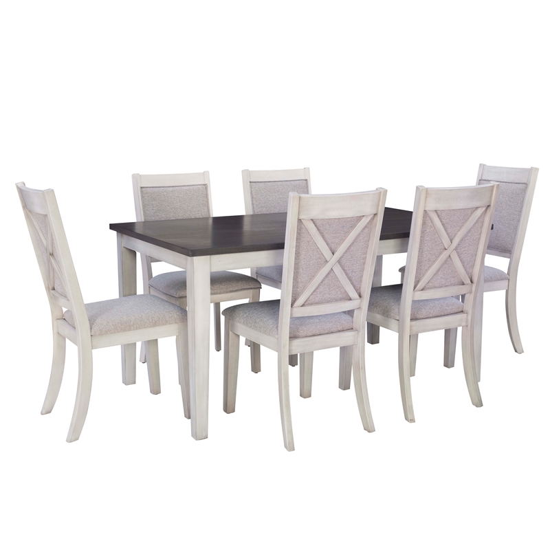 Linon Marco 7 Pce Wood 2 Tone Dining Set Upholstered Chairs in White/Gray
