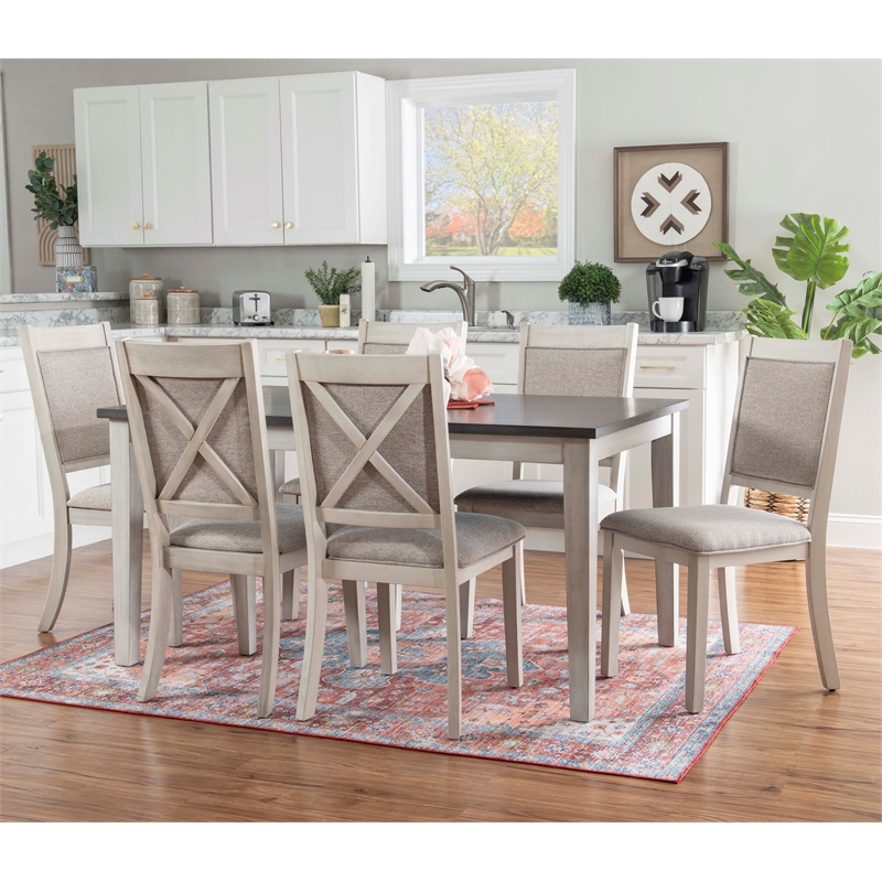 Linon Marco 7 Pce Wood 2 Tone Dining Set Upholstered Chairs in White/Gray