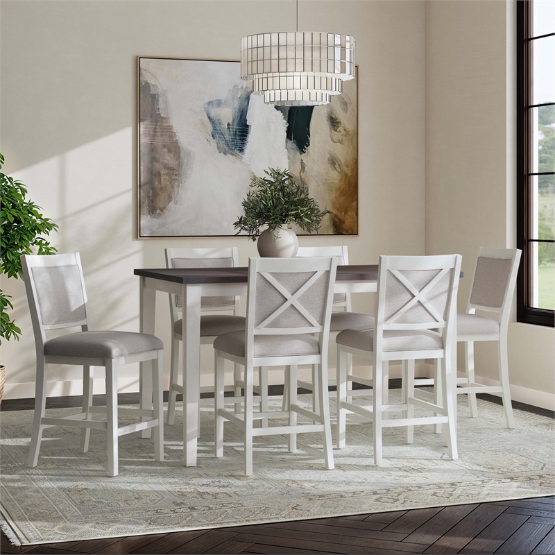 Linon Marco 7 Pce Wood 2 Tone Dining Set Upholstered Chairs in White/Gray
