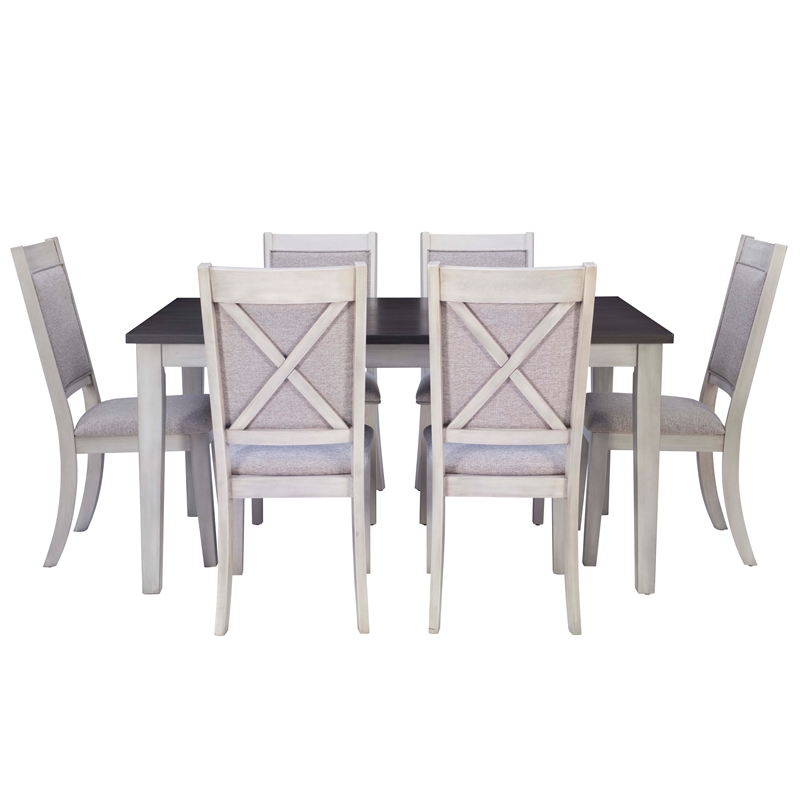Linon Marco 7 Pce Wood 2 Tone Dining Set Upholstered Chairs in White/Gray