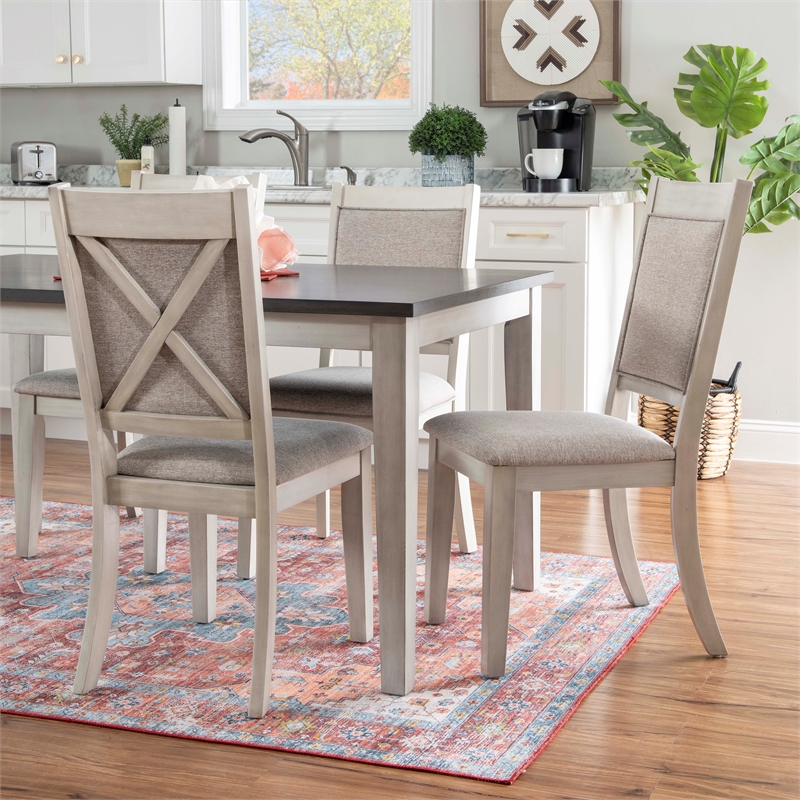 Linon Marco 7 Pce Wood 2 Tone Dining Set Upholstered Chairs in White/Gray