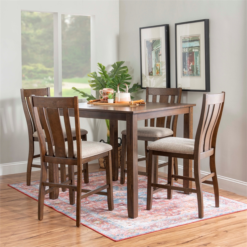 Linon Liz Rustic Wood 5 Piece Counter Height Dining Set Padded Seats in Brown