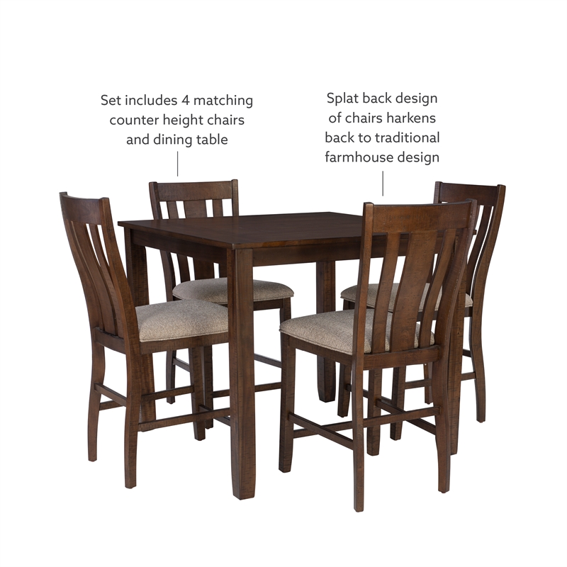 Linon Liz Rustic Wood 5 Piece Counter Height Dining Set Padded Seats in Brown
