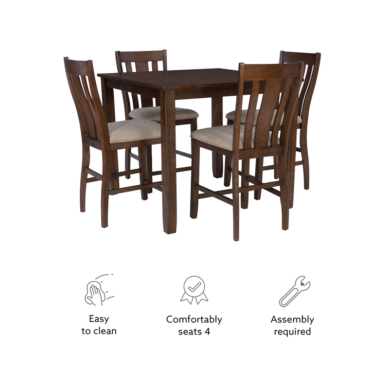 Linon Liz Rustic Wood 5 Piece Counter Height Dining Set Padded Seats in Brown