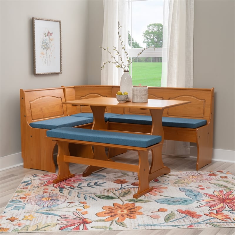 Linon Chelsea 3 Pc Honey Pine Nook Set with 4 Pc Polyester Cushion Set in Blue