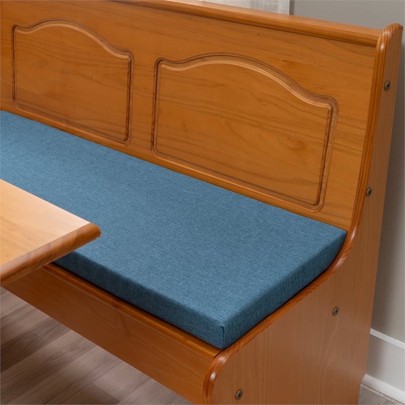 Linon Chelsea 3 Pc Honey Pine Nook Set with 4 Pc Polyester Cushion Set in Blue