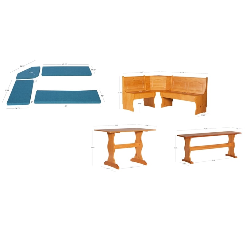 Linon Chelsea 3 Pc Honey Pine Nook Set with 4 Pc Polyester Cushion Set in Blue