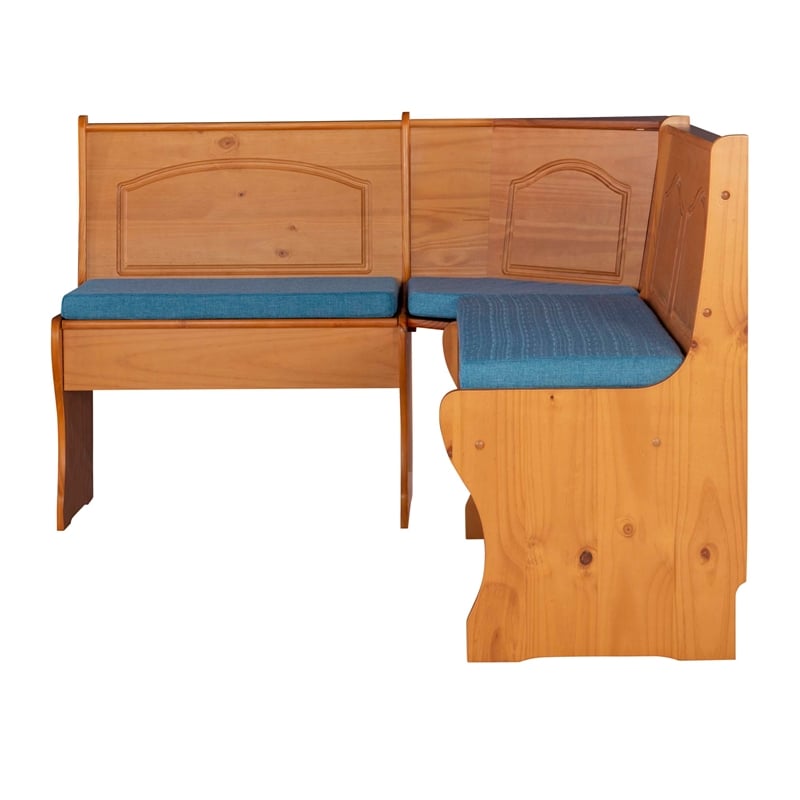 Linon Chelsea 3 Pc Honey Pine Nook Set with 4 Pc Polyester Cushion Set in Blue