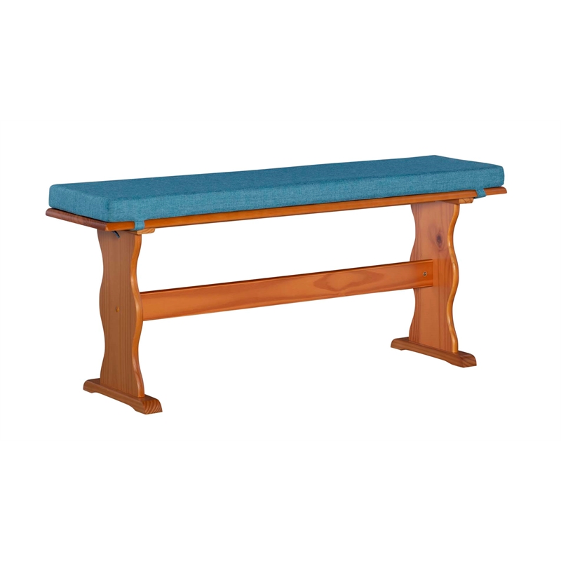 Linon Chelsea 3 Pc Honey Pine Nook Set with 4 Pc Polyester Cushion Set in Blue