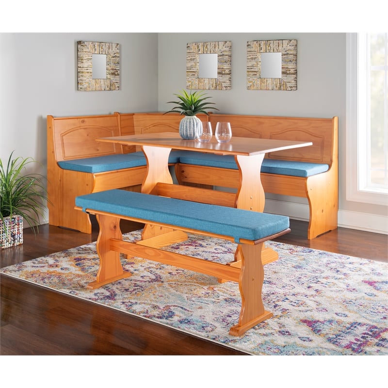 Linon Chelsea 3 Pc Honey Pine Nook Set with 4 Pc Polyester Cushion Set in Blue