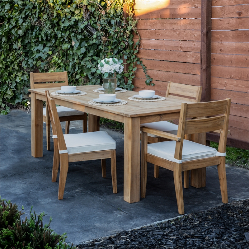 Linon Barlow 5Pc Set Teak Outdoor Table with 4 Chairs & Cushions in Natural