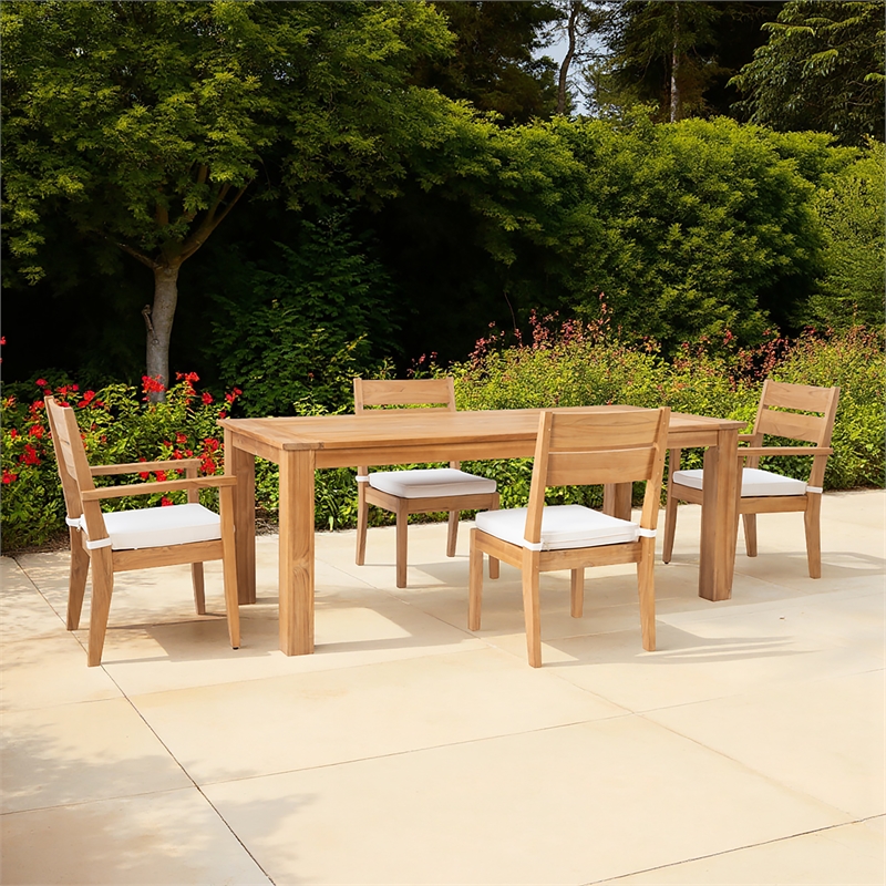Linon Barlow 5Pc Set Teak Outdoor Table with 4 Chairs & Cushions in Natural
