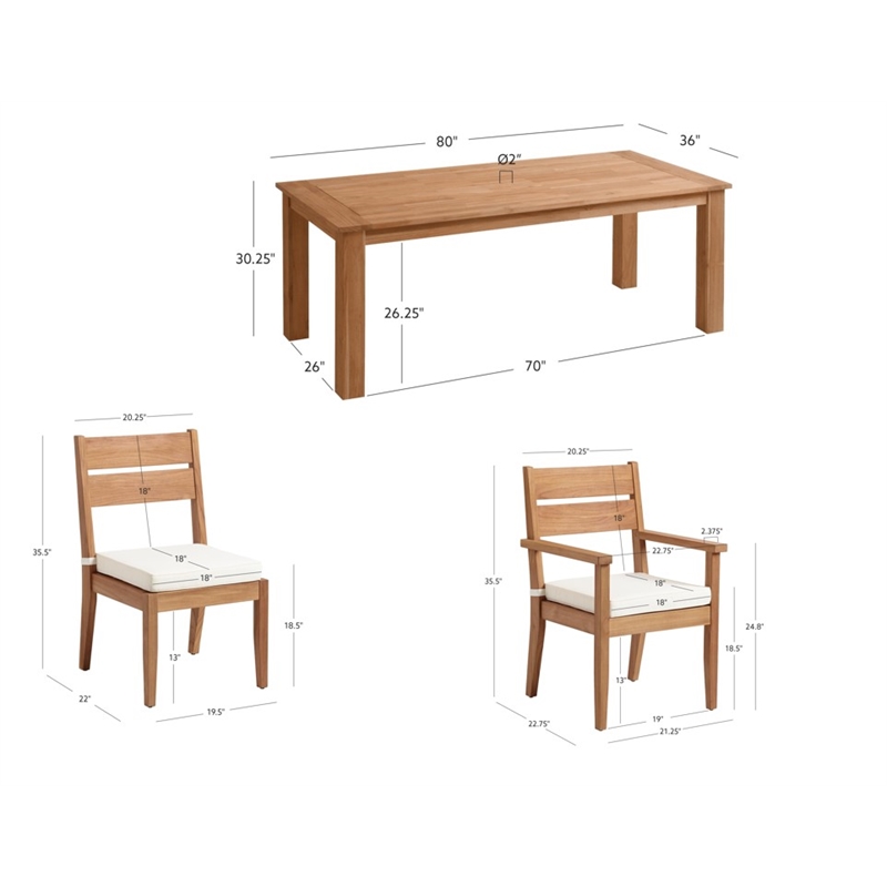 Linon Barlow 5Pc Set Teak Outdoor Table with 4 Chairs & Cushions in Natural