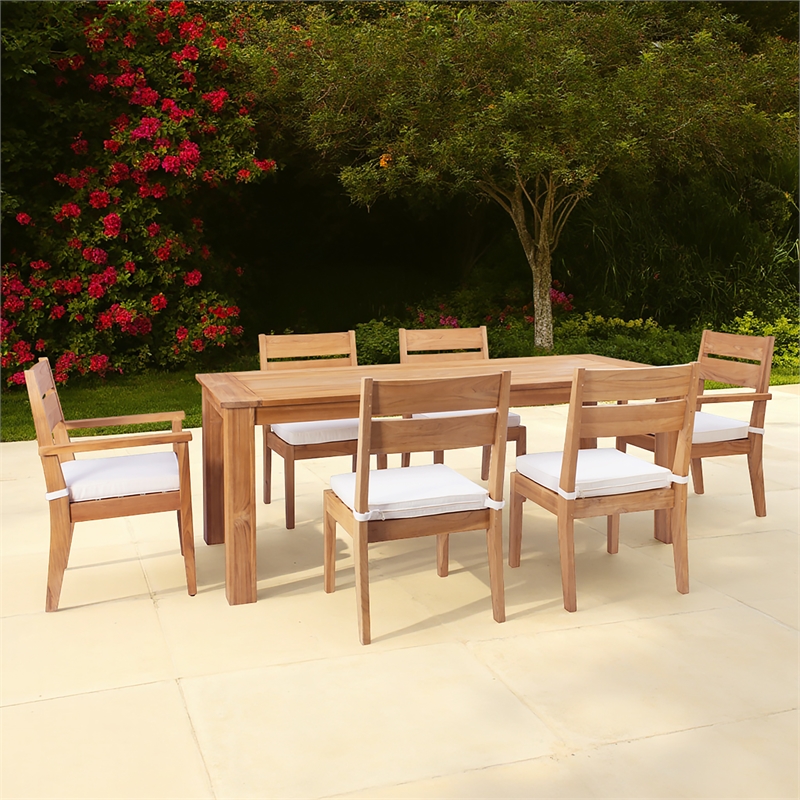 Linon Barlow 7Pc Set Teak Outdoor Table and 6 Chairs with Cushions in Natural