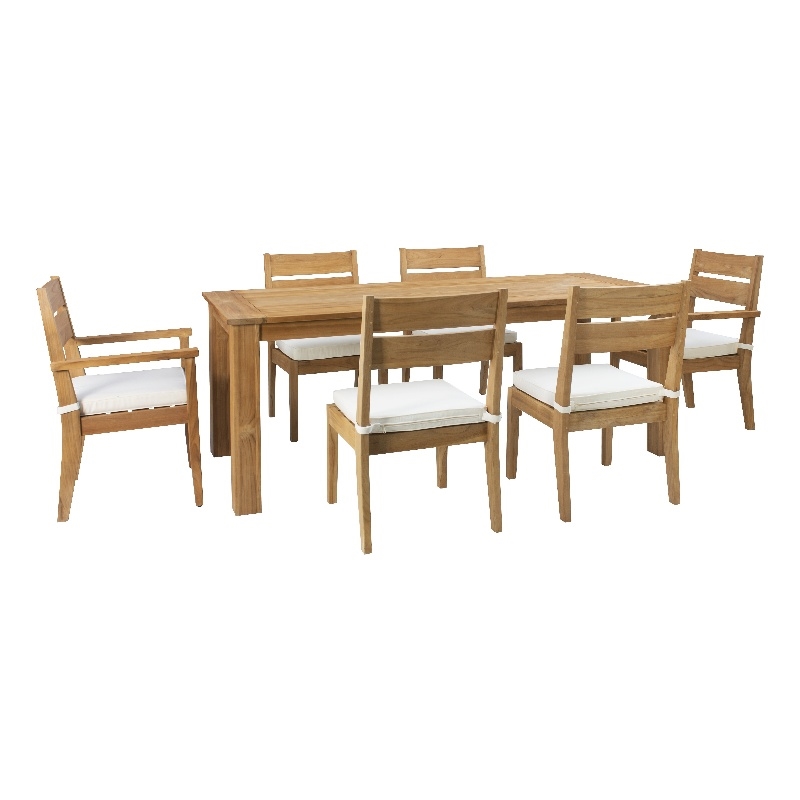 Linon Barlow 7Pc Set Teak Outdoor Table and 6 Chairs with Cushions in Natural