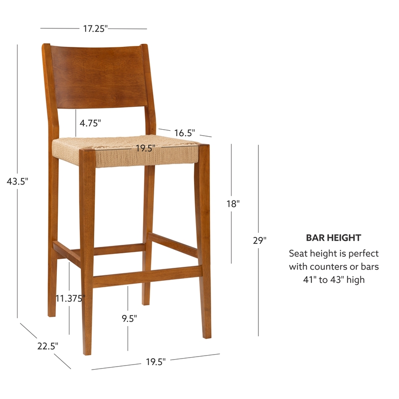 Linon Patty Wood 2 Tone Barstools Handwoven Rope Seat Set of 2 in Brown Stain