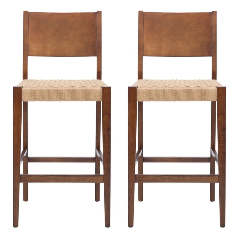 Linon Patty Wood 2 Tone Barstools Handwoven Rope Seat Set of 2 in Brown Stain