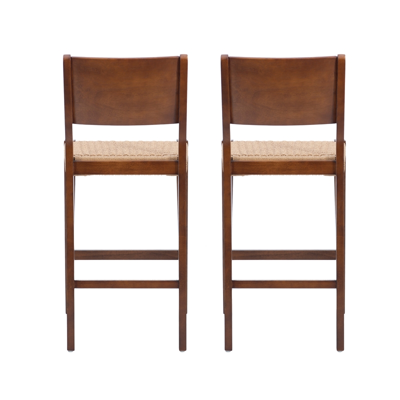 Linon Patty Wood 2 Tone Barstools Handwoven Rope Seat Set of 2 in Brown Stain