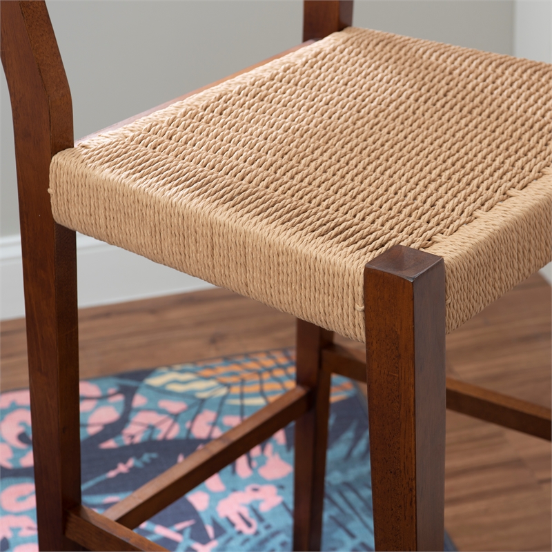 Linon Patty Wood 2 Tone Barstools Handwoven Rope Seat Set of 2 in Brown Stain