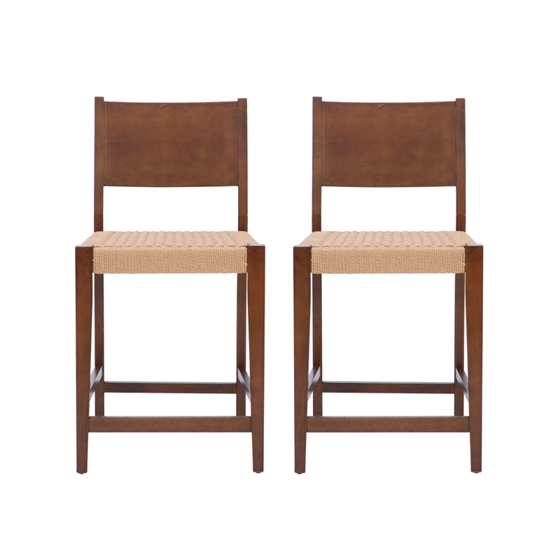 Linon Patty Wood 2 Tone Counter Stools Handwoven Rope Seat Set of 2 in Brown