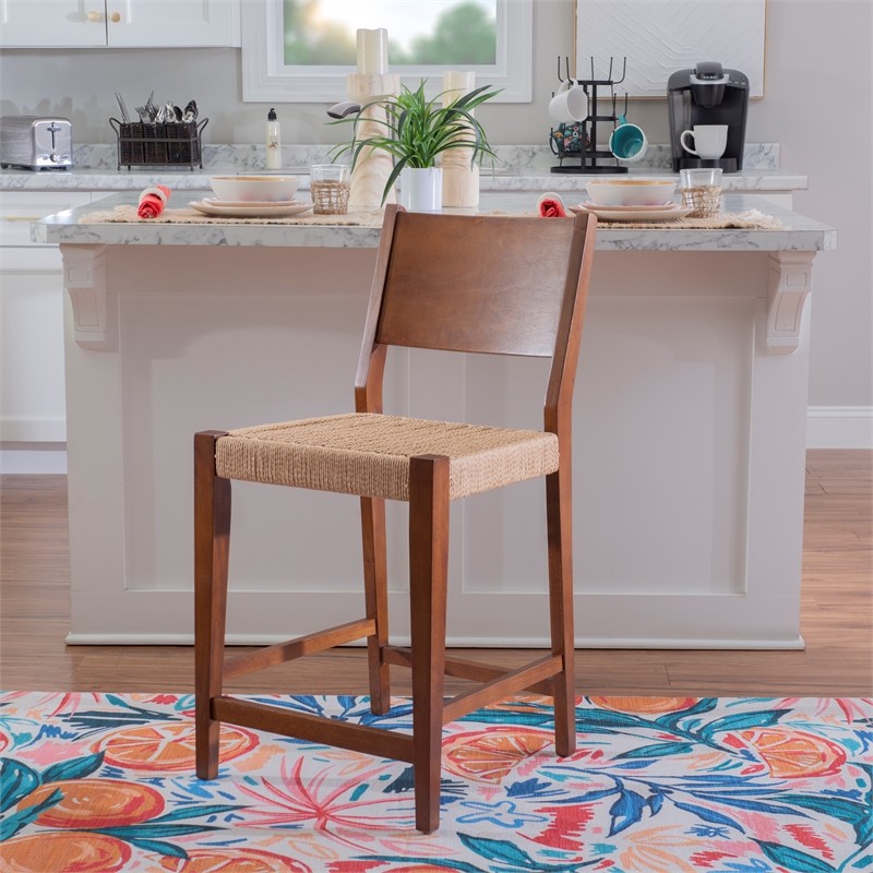 Linon Patty Wood 2 Tone Counter Stools Handwoven Rope Seat Set of 2 in Brown