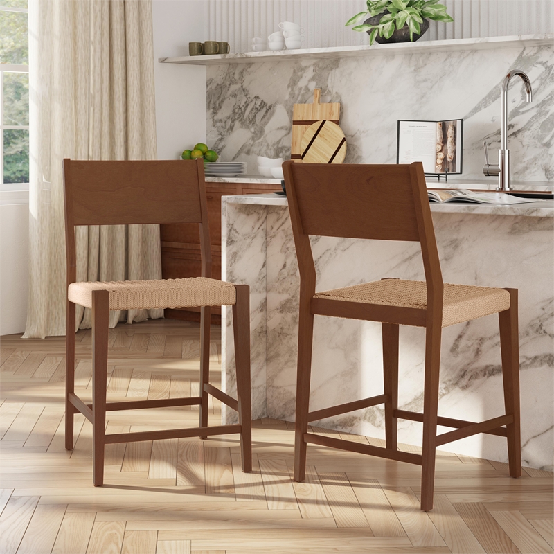 Linon Patty Wood 2 Tone Counter Stools Handwoven Rope Seat Set of 2 in Brown