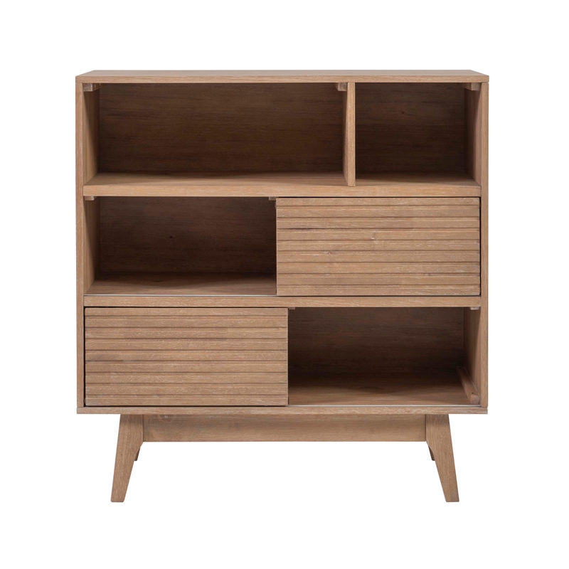 Linon Sway Bookcase 3 Open Shelves 2 Sliding Door Panels in Natural