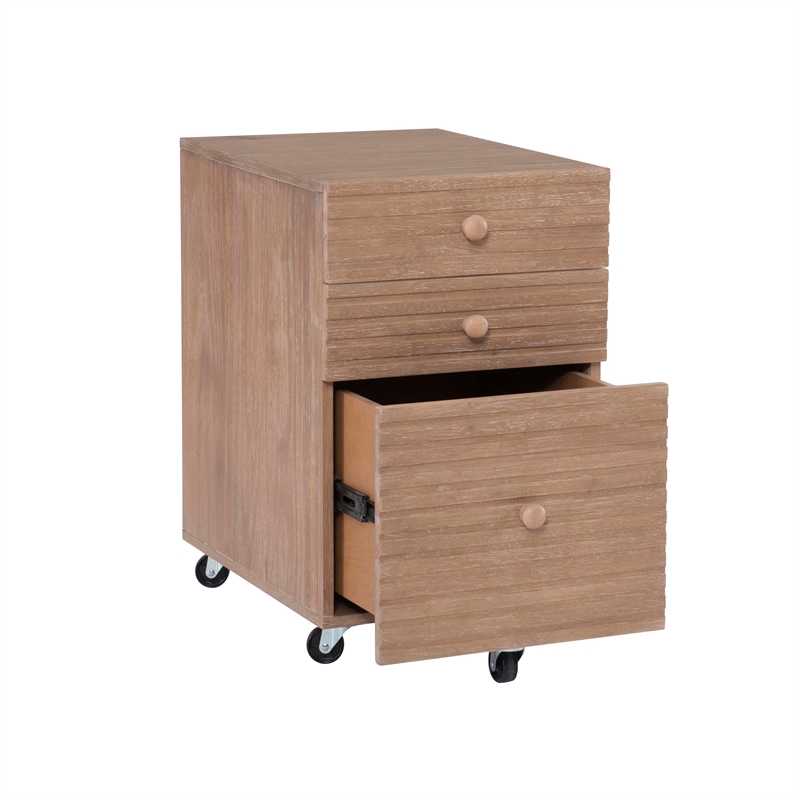 Linon Sway Wood File Cabinet with 3 Drawers Rolling Castors in Natural Finish