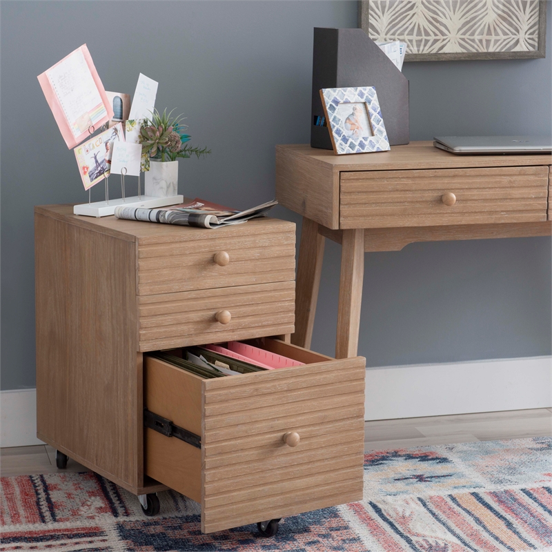 Linon Sway Wood File Cabinet with 3 Drawers Rolling Castors in Natural Finish