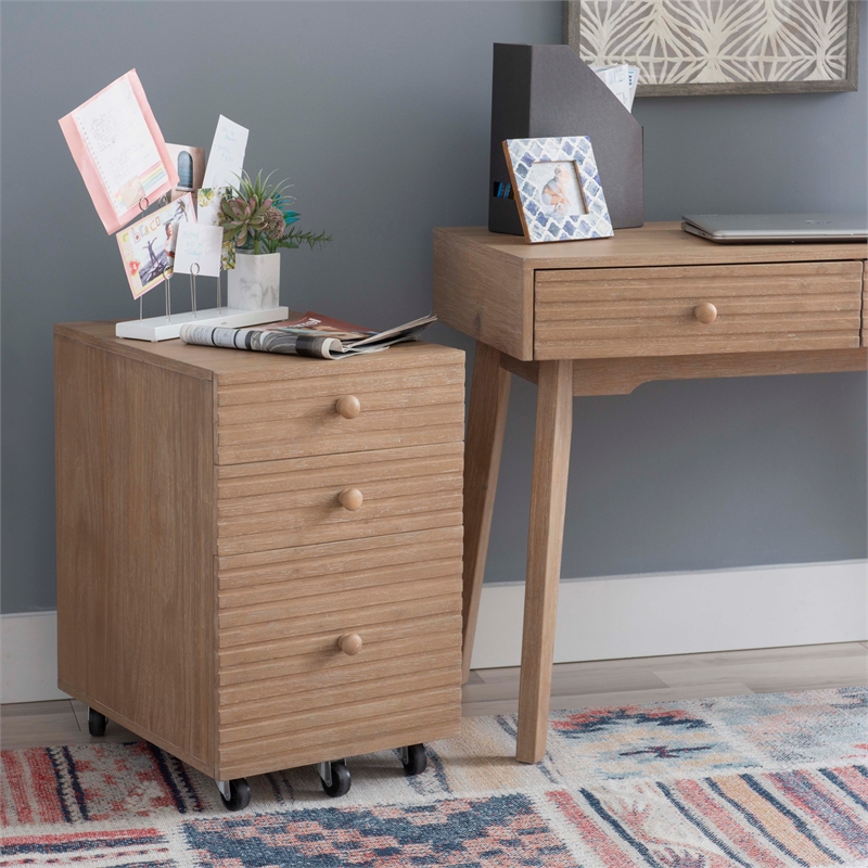Linon Sway Wood File Cabinet with 3 Drawers Rolling Castors in Natural Finish