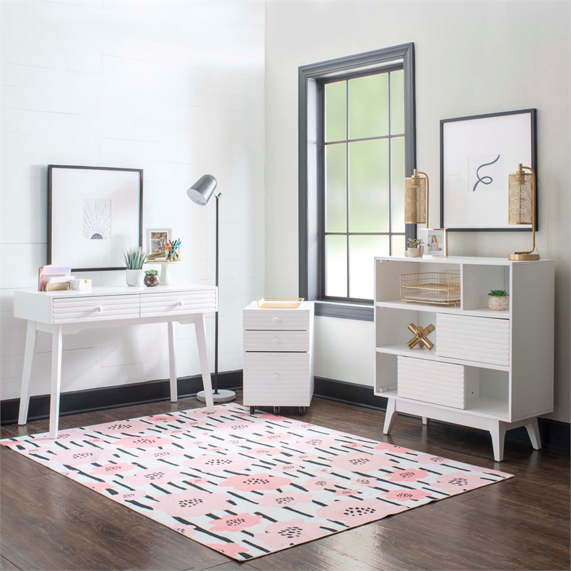 Linon Sway Bookcase 3 Open Shelves 2 Sliding Door Panels in White