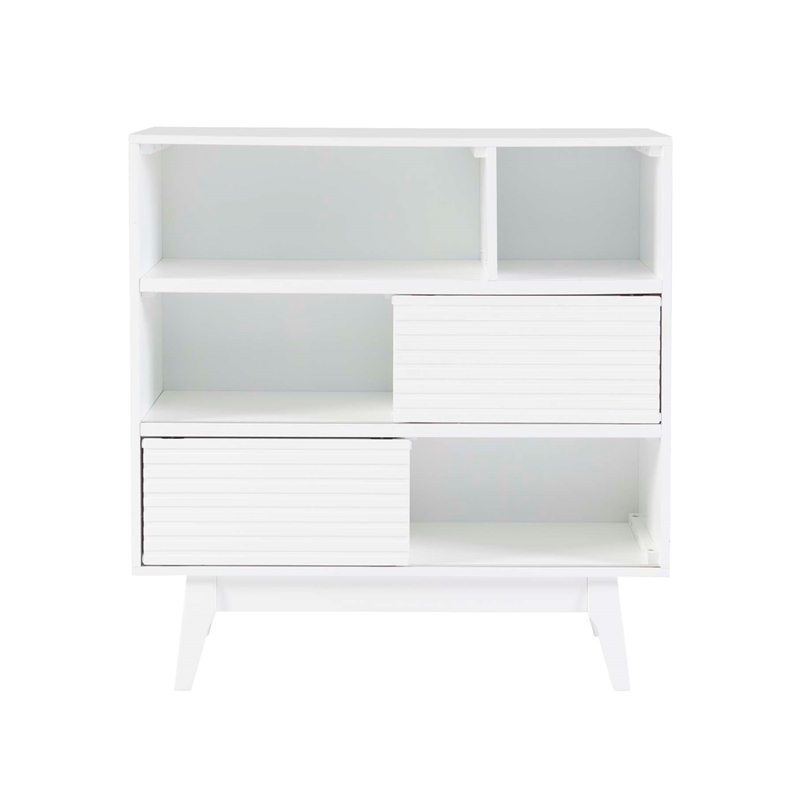 Linon Sway Bookcase 3 Open Shelves 2 Sliding Door Panels in White