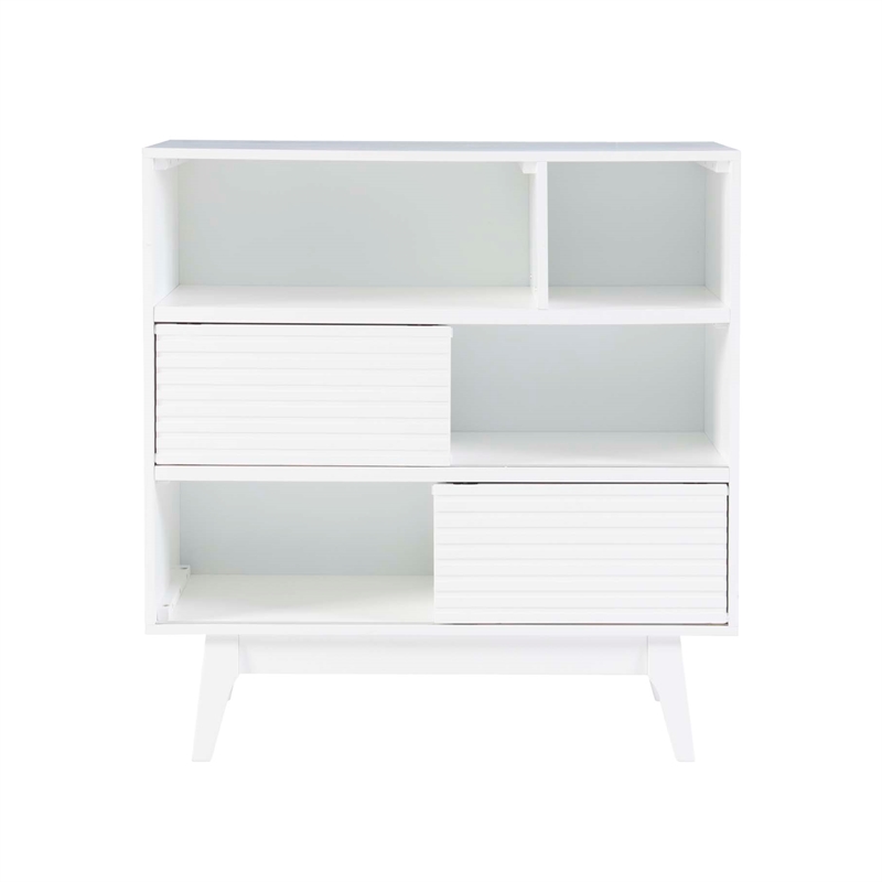 Linon Sway Bookcase 3 Open Shelves 2 Sliding Door Panels in White
