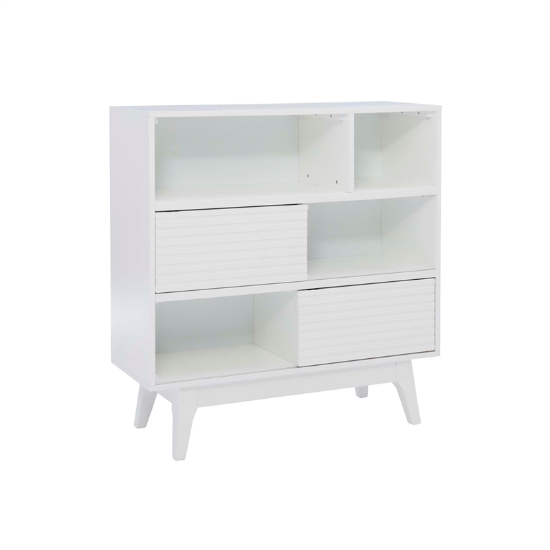Linon Sway Bookcase 3 Open Shelves 2 Sliding Door Panels in White