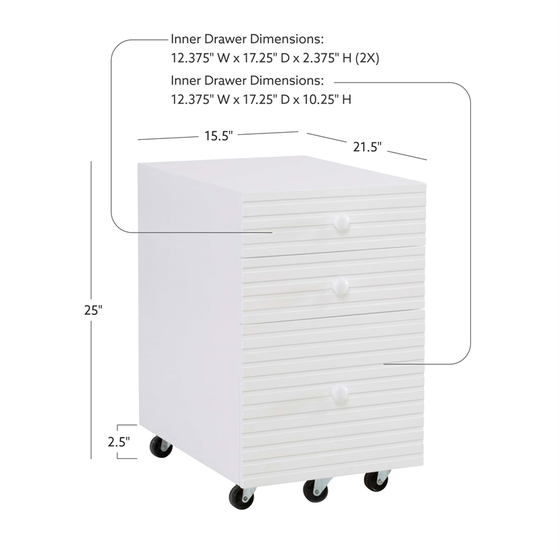 Linon Sway Wood File Cabinet with 3 Drawers Rolling Castors in Pure White