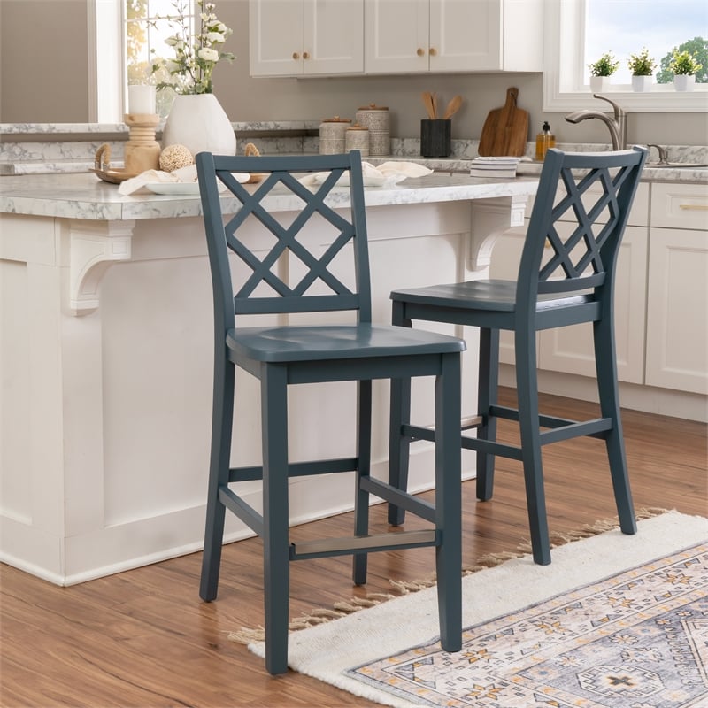 Linon Nico Sturdy Wood Lattice Back Counter Stool in Crisp Graphite Finish