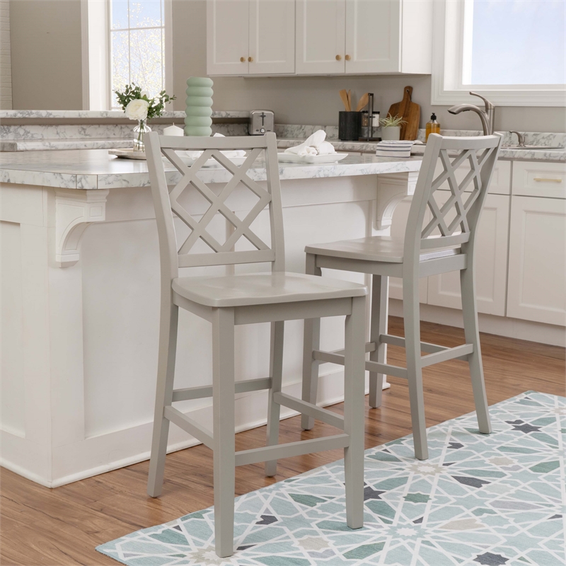 Linon Nico Lattice Back Counter Stool in Crisp Gray Painted Solid Wood