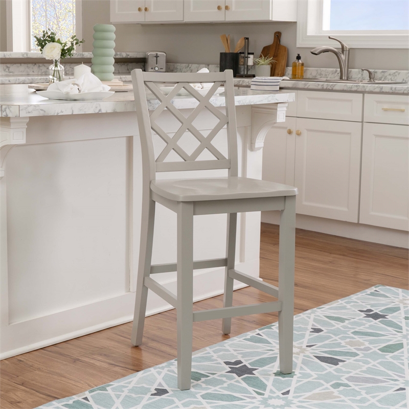 Linon Nico Lattice Back Counter Stool in Crisp Gray Painted Solid Wood