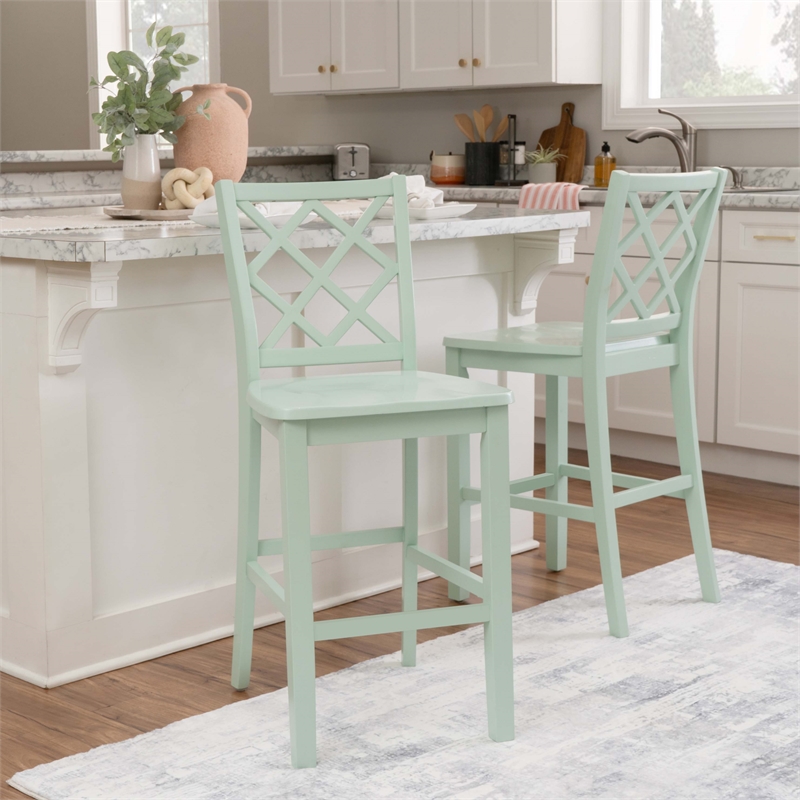 Linon Nico Lattice Back Counter Stool in Crisp Mint Green Painted Solid Wood