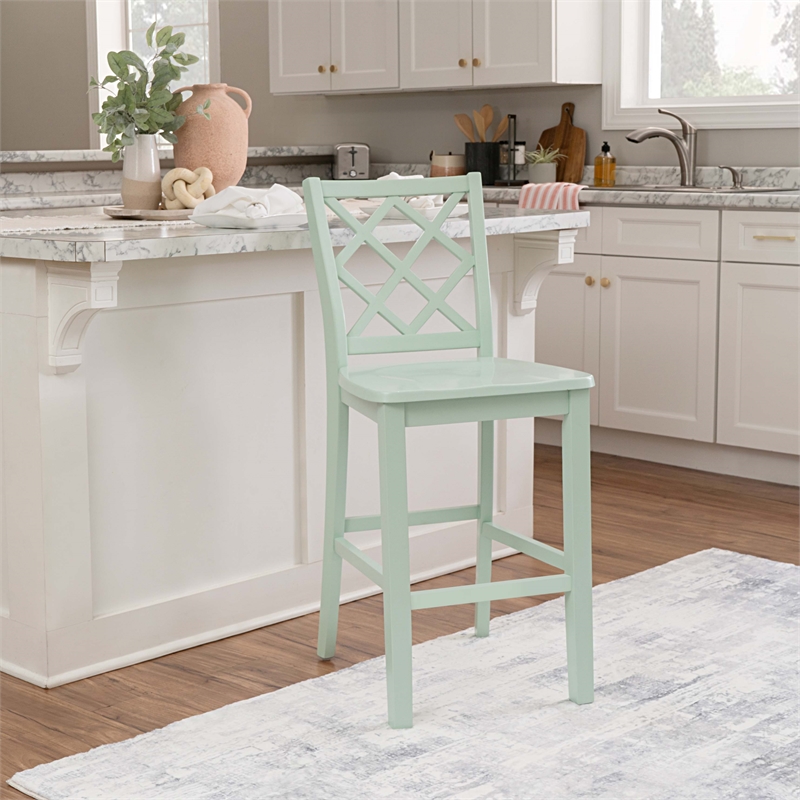 Linon Nico Lattice Back Counter Stool in Crisp Mint Green Painted Solid Wood
