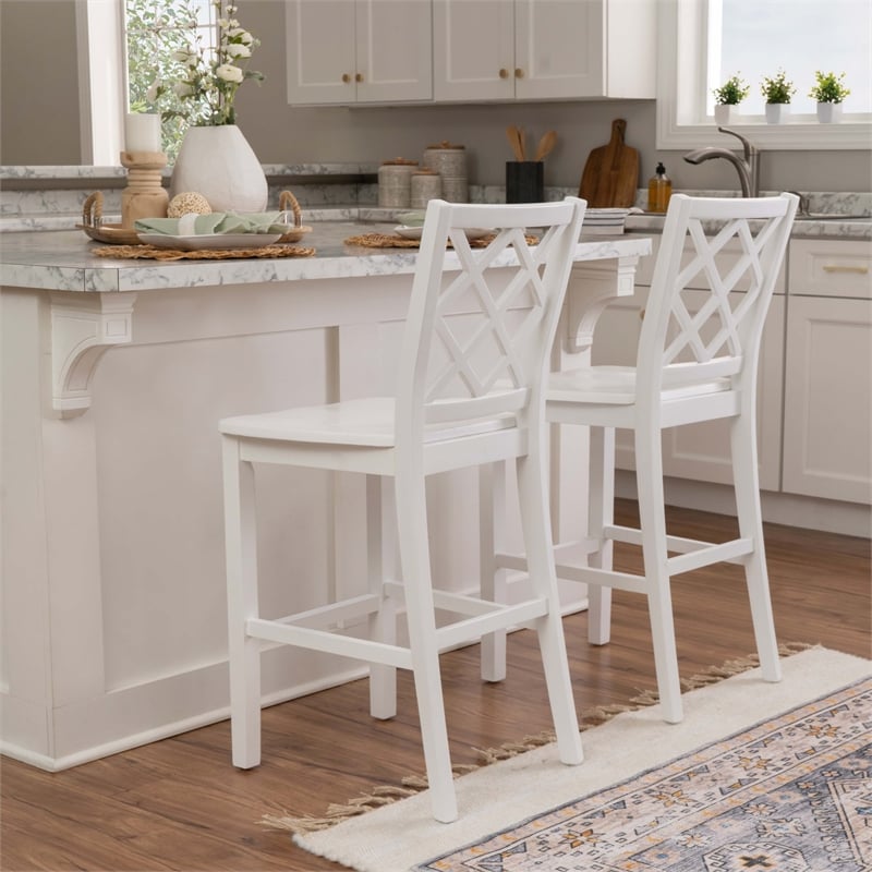 Linon Nico Lattice Back Counter Stool in Crisp White Painted Solid Wood