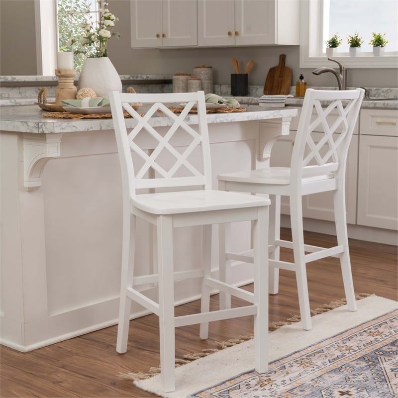 Linon Nico Lattice Back Counter Stool in Crisp White Painted Solid Wood