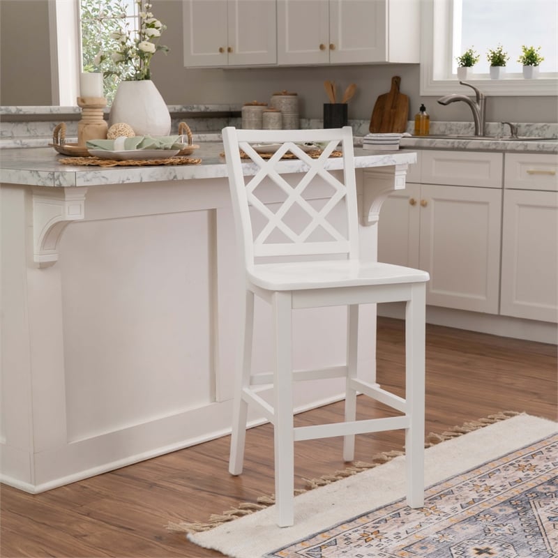Linon Nico Lattice Back Counter Stool in Crisp White Painted Solid Wood
