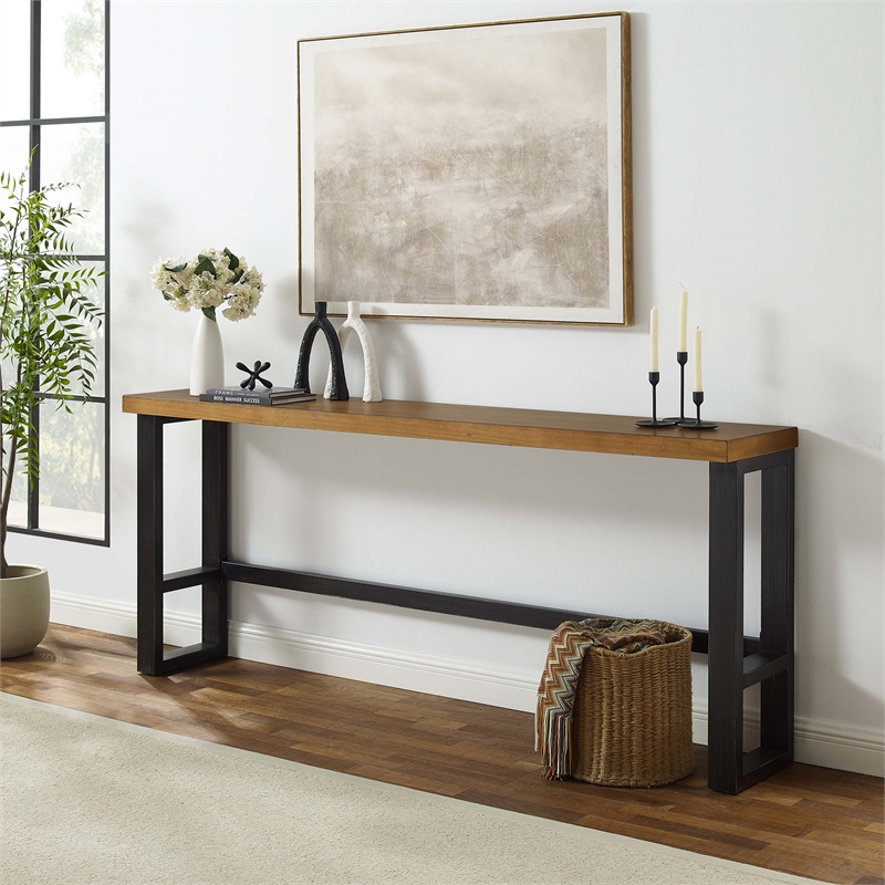 Linon Otis Sofa Bar Table Stained Wooden Top with Steel Frame in Dark Gunmetal