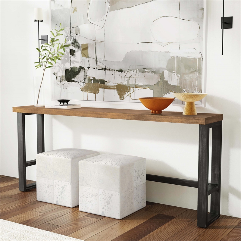 Linon Otis Sofa Bar Table Stained Wooden Top with Steel Frame in Dark Gunmetal