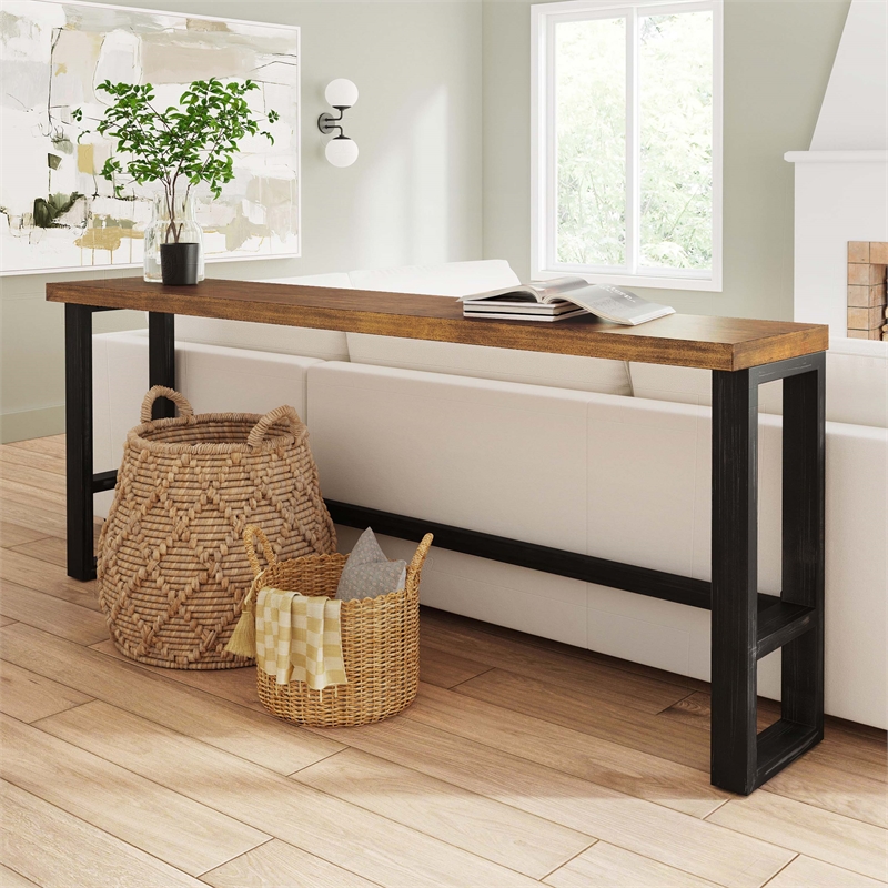 Linon Otis Sofa Bar Table Stained Wooden Top with Steel Frame in Dark Gunmetal