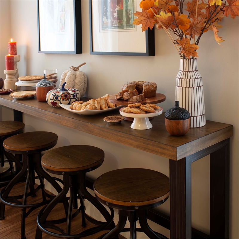 Linon Otis Sofa Bar Table Stained Wooden Top with Steel Frame in Dark Gunmetal