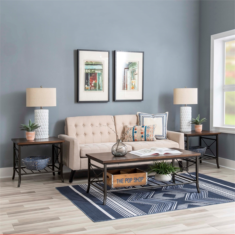 Linon Anders 3 Pc Metal and Wood Occasional Table Set Plank Style Tops in Brown