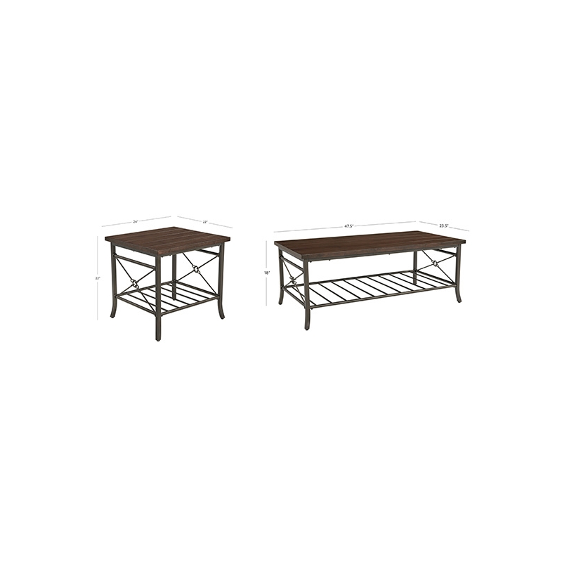 Linon Anders 3 Pc Metal and Wood Occasional Table Set Plank Style Tops in Brown